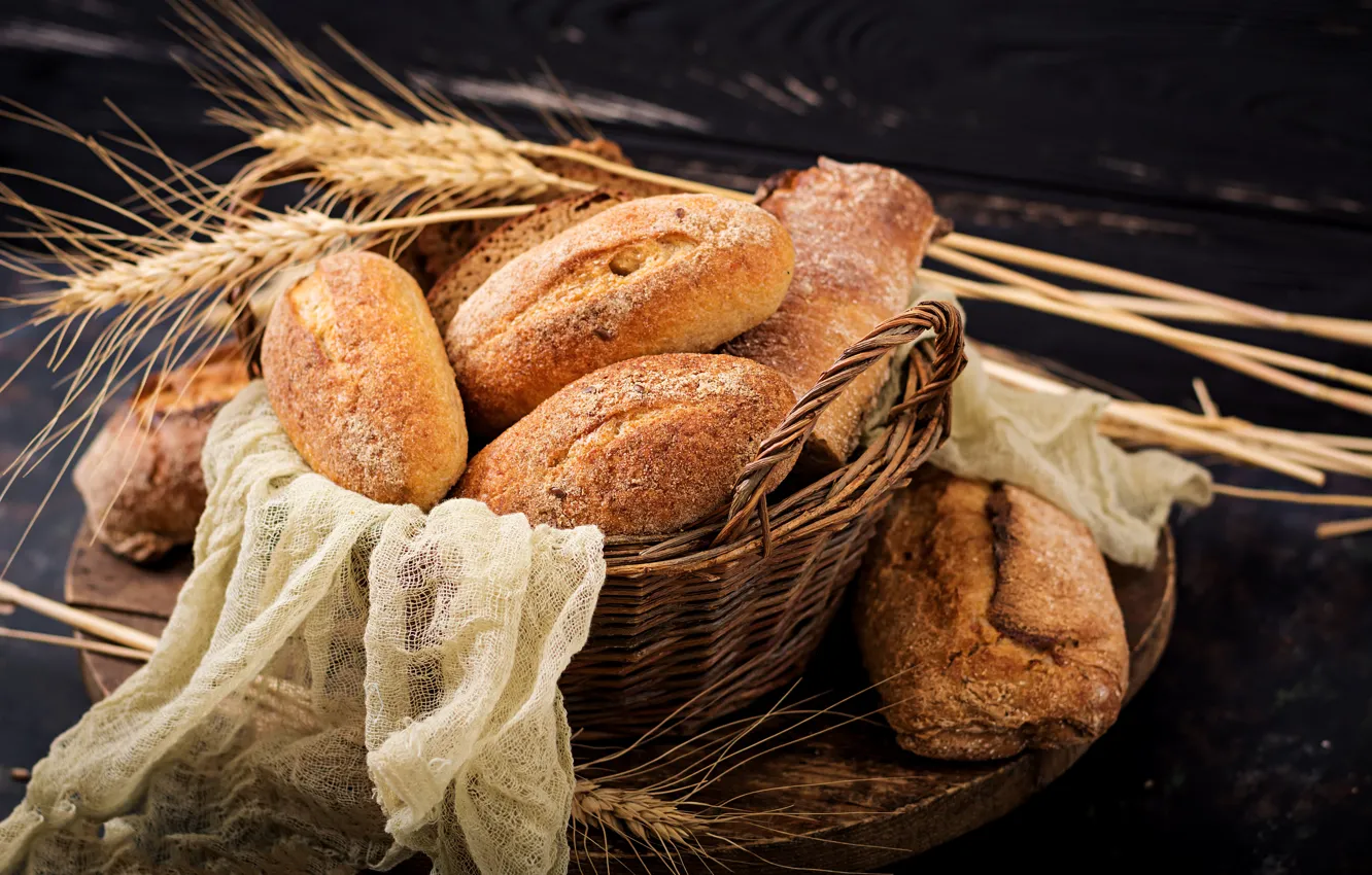 Photo wallpaper wheat, basket, spikelets, bread, cakes, bokeh, gauze