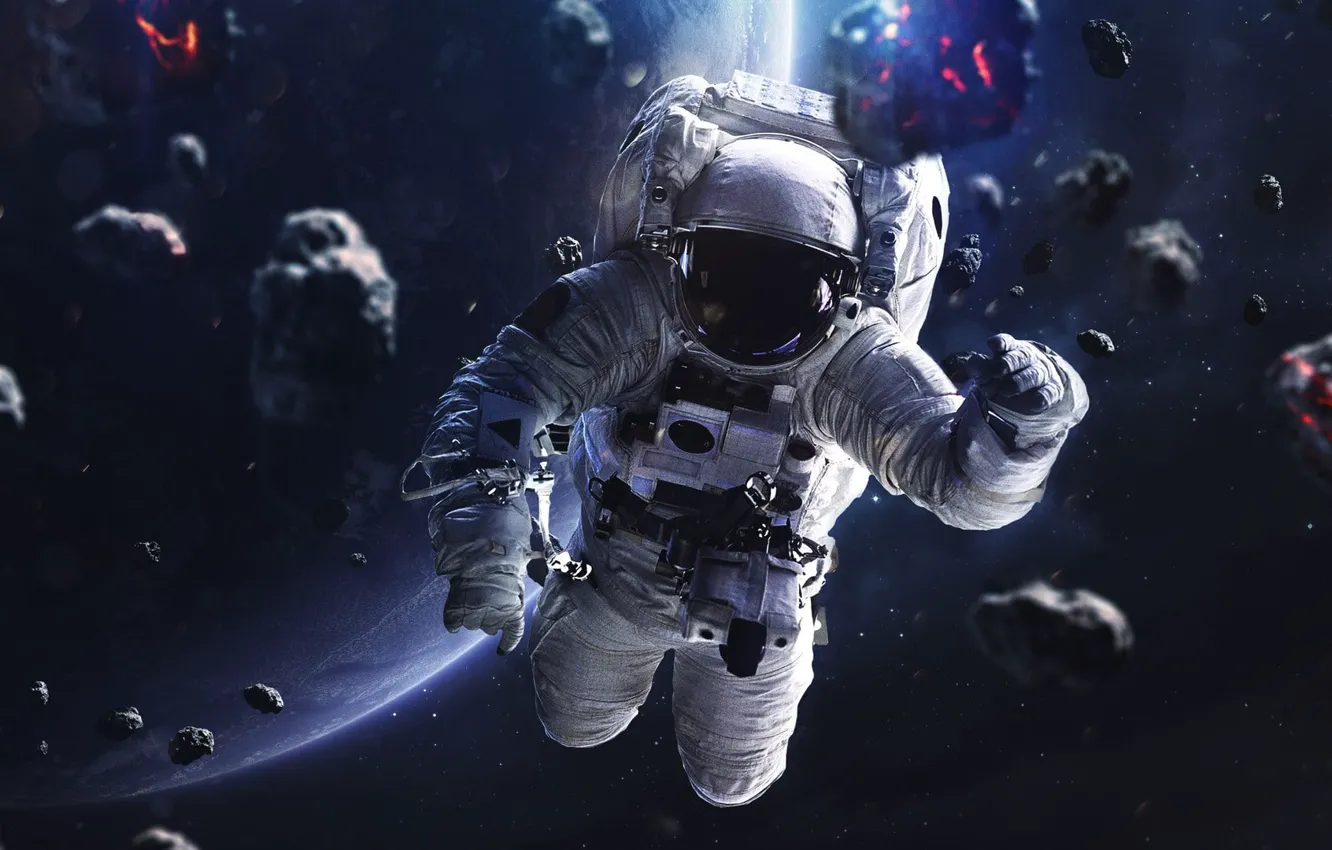 Photo wallpaper the wreckage, space, planet, astronaut, asteroids, the suit, space, helmet