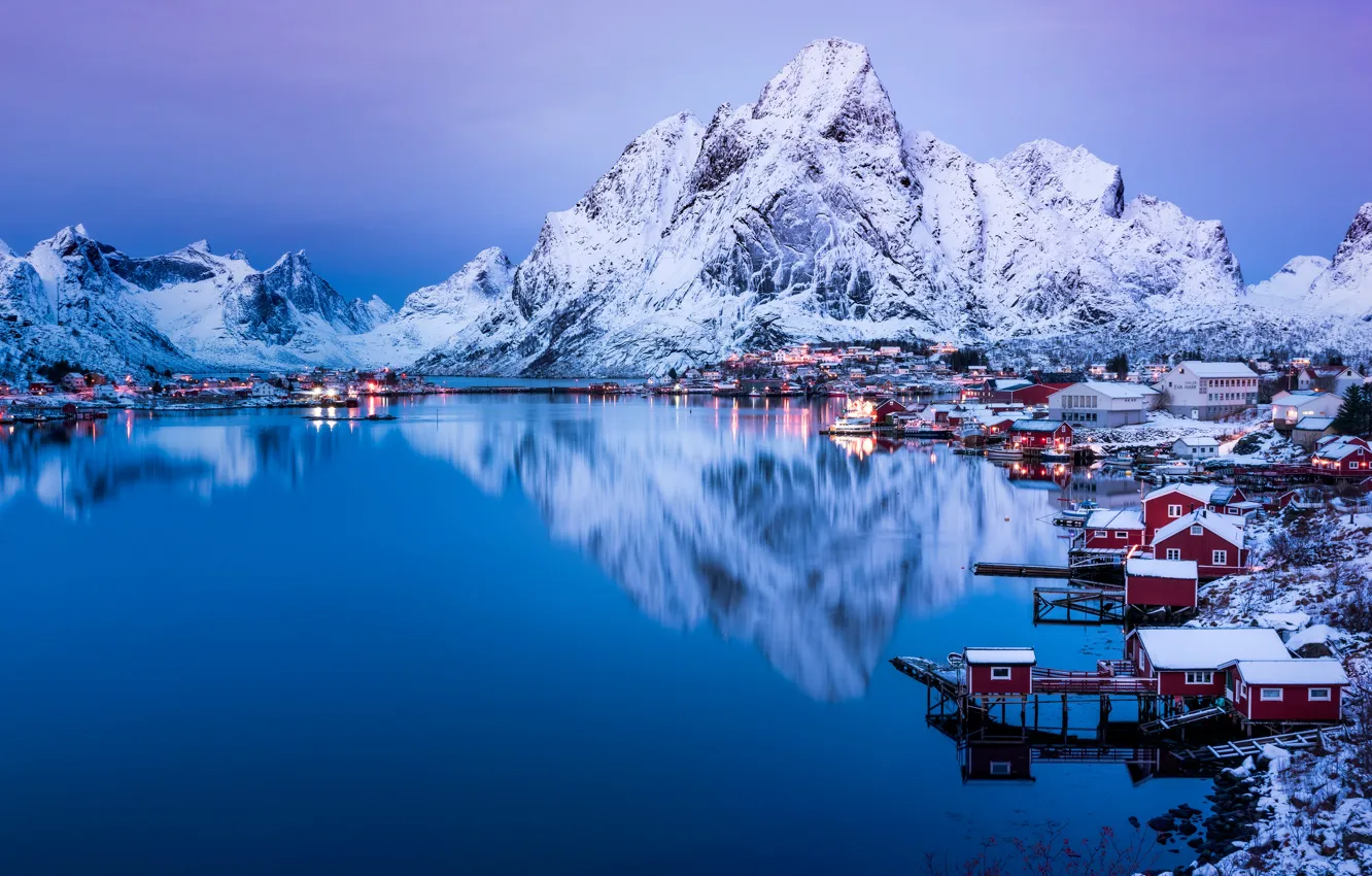 Photo wallpaper winter, the sky, water, snow, mountains, lights, reflection, rocks