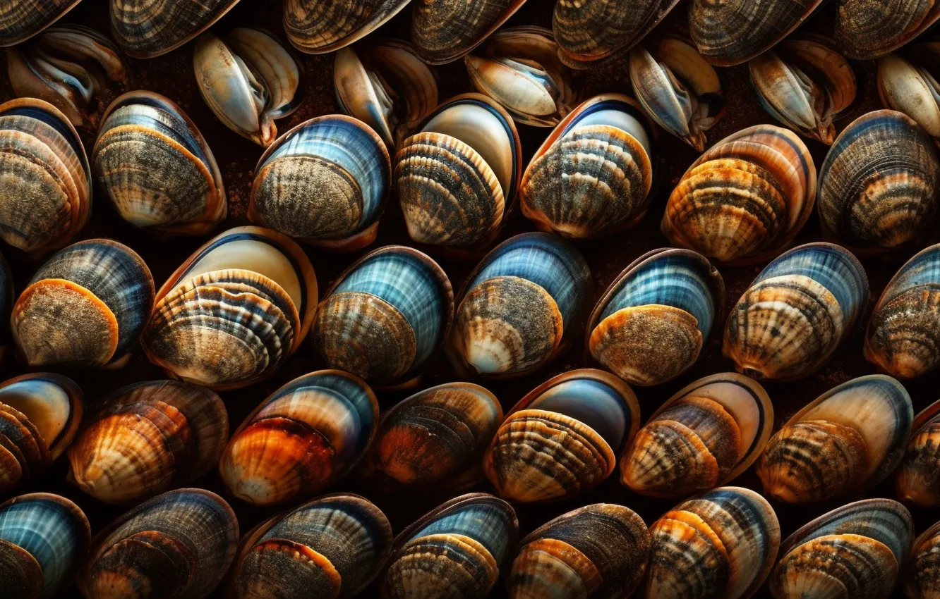 Photo wallpaper sink, shell, a lot, collection, shellfish, digital art, AI art, The Art of Artificial Intelligence