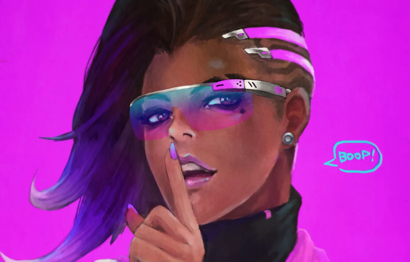 Photo wallpaper girl, face, hair, art, glasses, lips, fingers, Overwatch