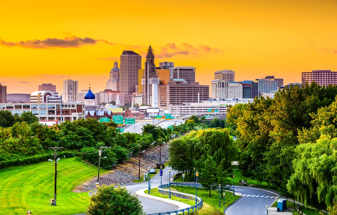 Photo wallpaper road, trees, home, USA, Connecticut, Hartford