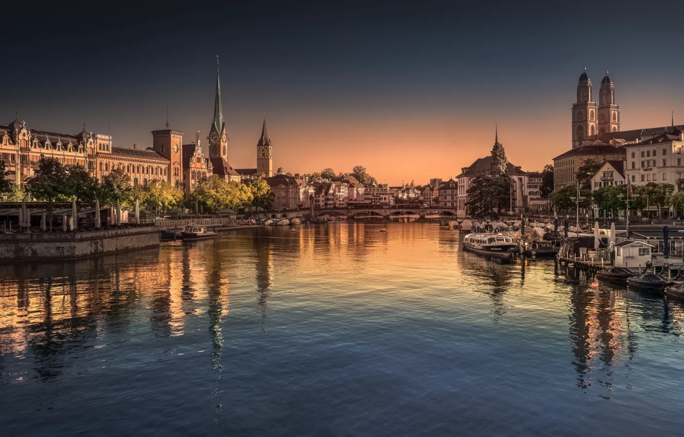 Photo wallpaper city, river, Switzerland, morning, boats, Zurich, town hall