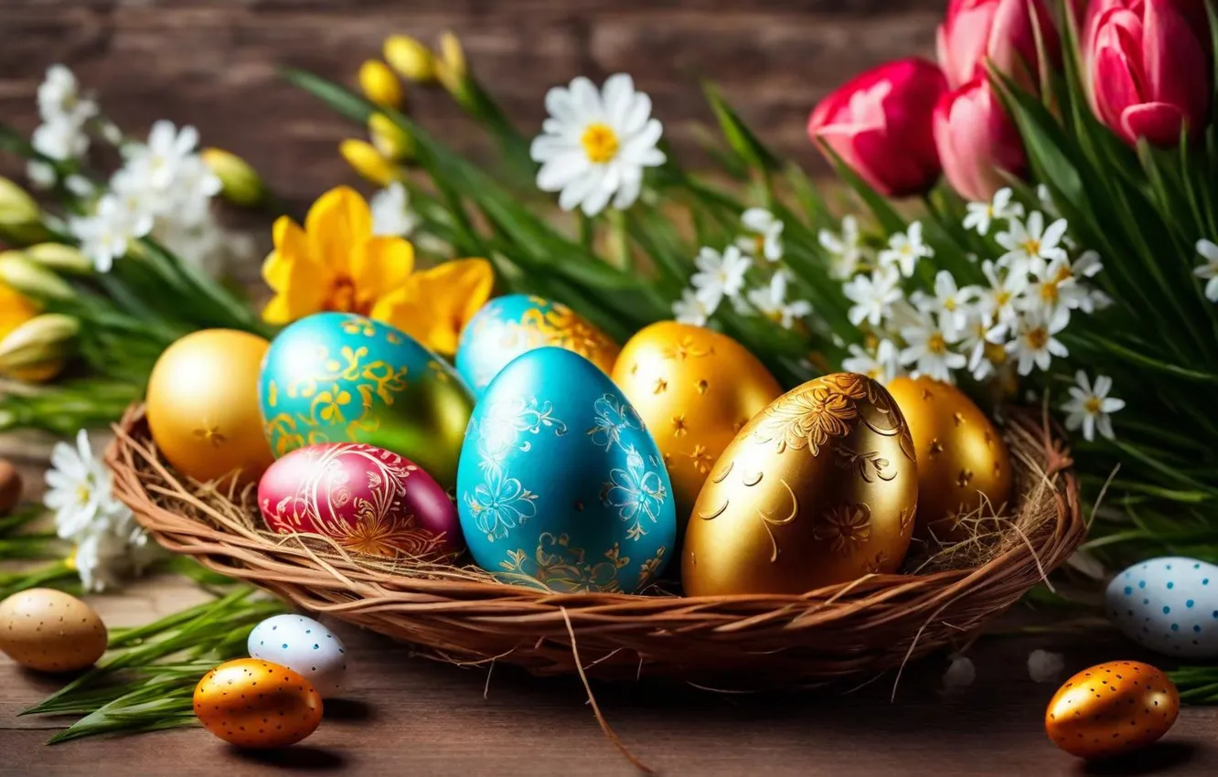 Photo wallpaper flowers, eggs, spring, colorful, Easter, flowers, spring, Easter