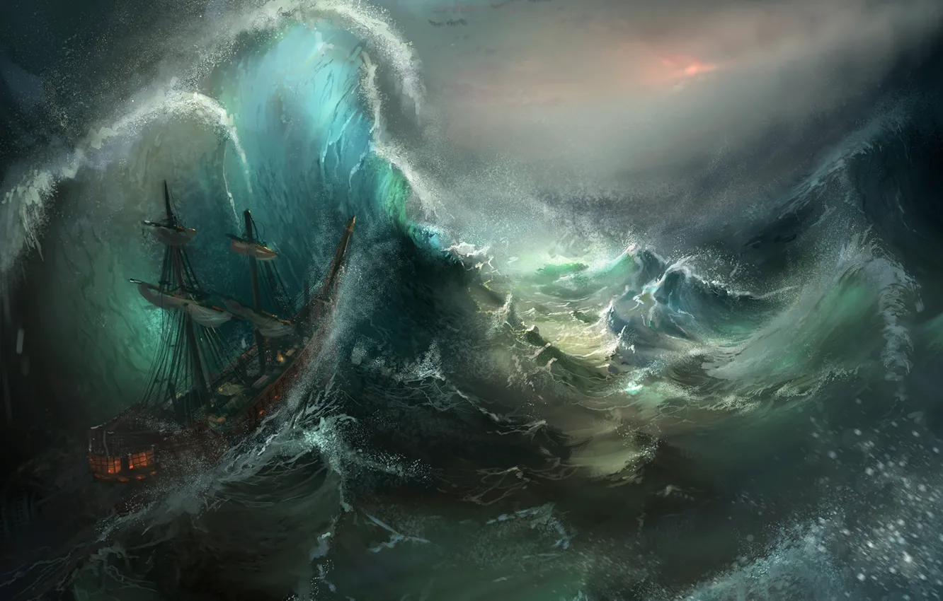 Photo wallpaper sea, wave, storm, ship, art, Diamond Kitty Finding Her Johnson, Stormy Seas
