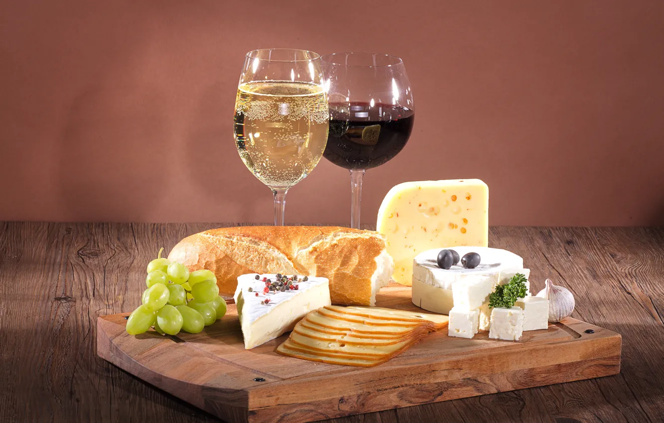 Photo wallpaper wine, glass, cheese, bread, grapes, olives, feta cheese