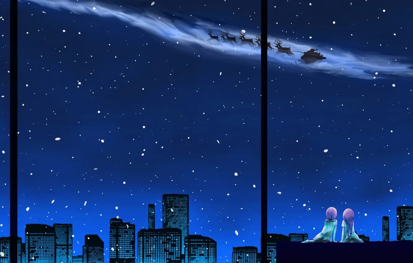Photo wallpaper snow, night, the city, new year, anime, boy, deer, art