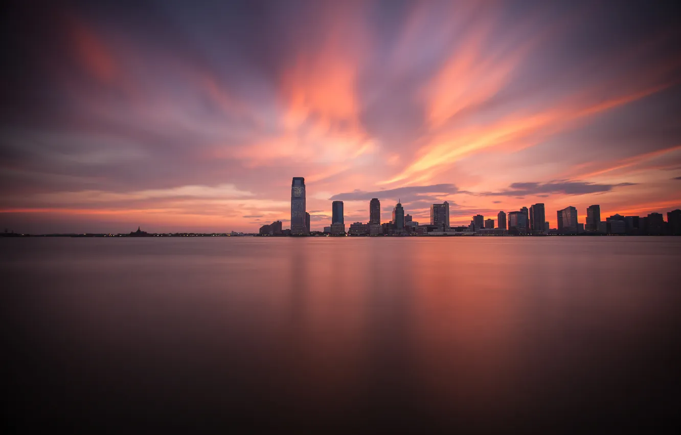 Photo wallpaper the sky, sunset, the city, home, USA, New Jersey, Financial District, panorama