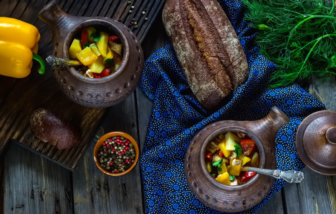 Photo wallpaper dill, bread, pepper, still life, vegetables, spices, pot, stew