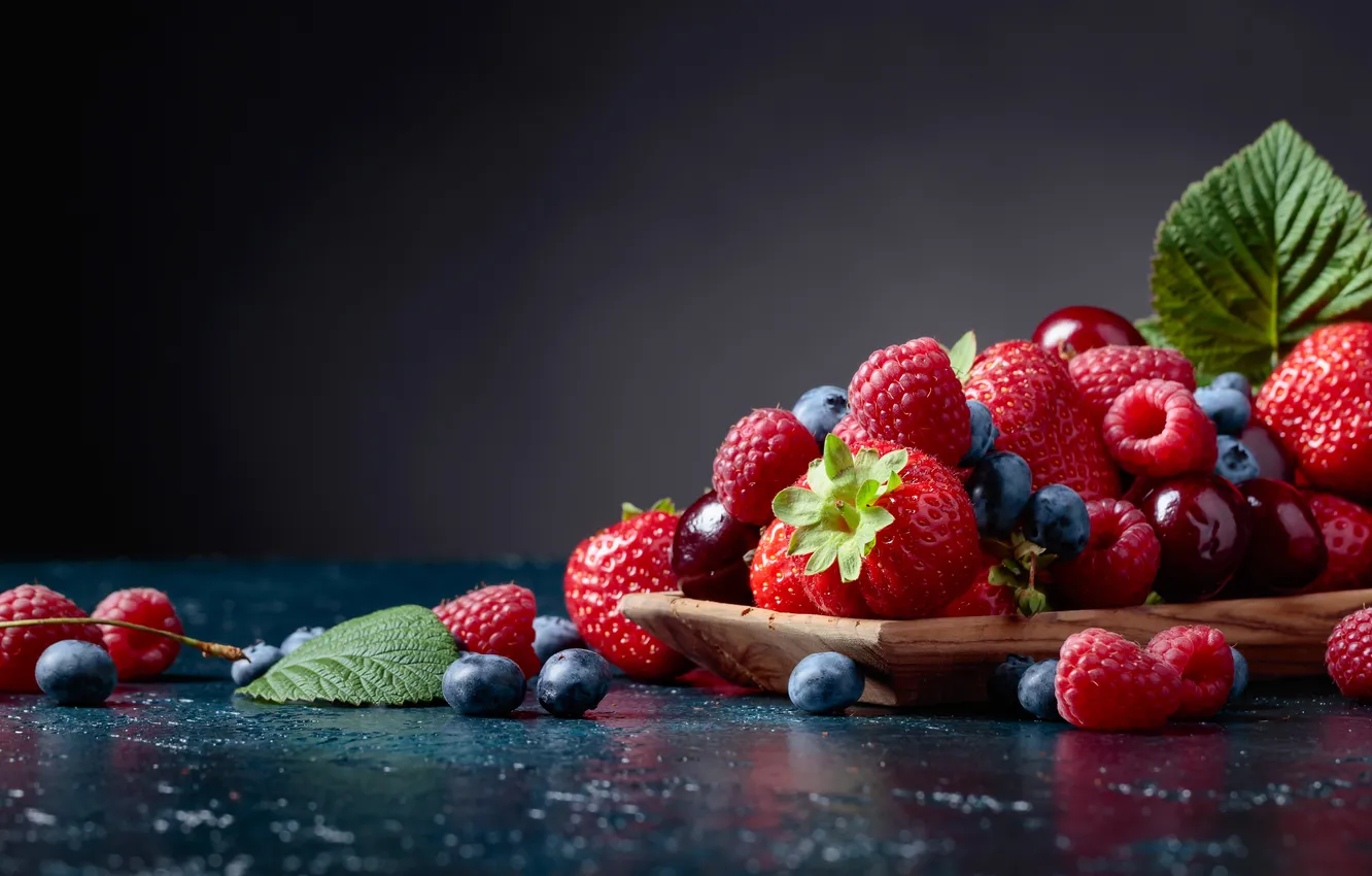 Photo wallpaper berry, black, cherry, blueberry, dessert, berries, delicious, closeup