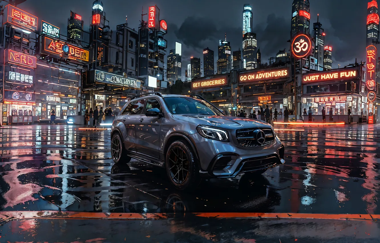 Photo wallpaper car, city, mercedes, night, crossover