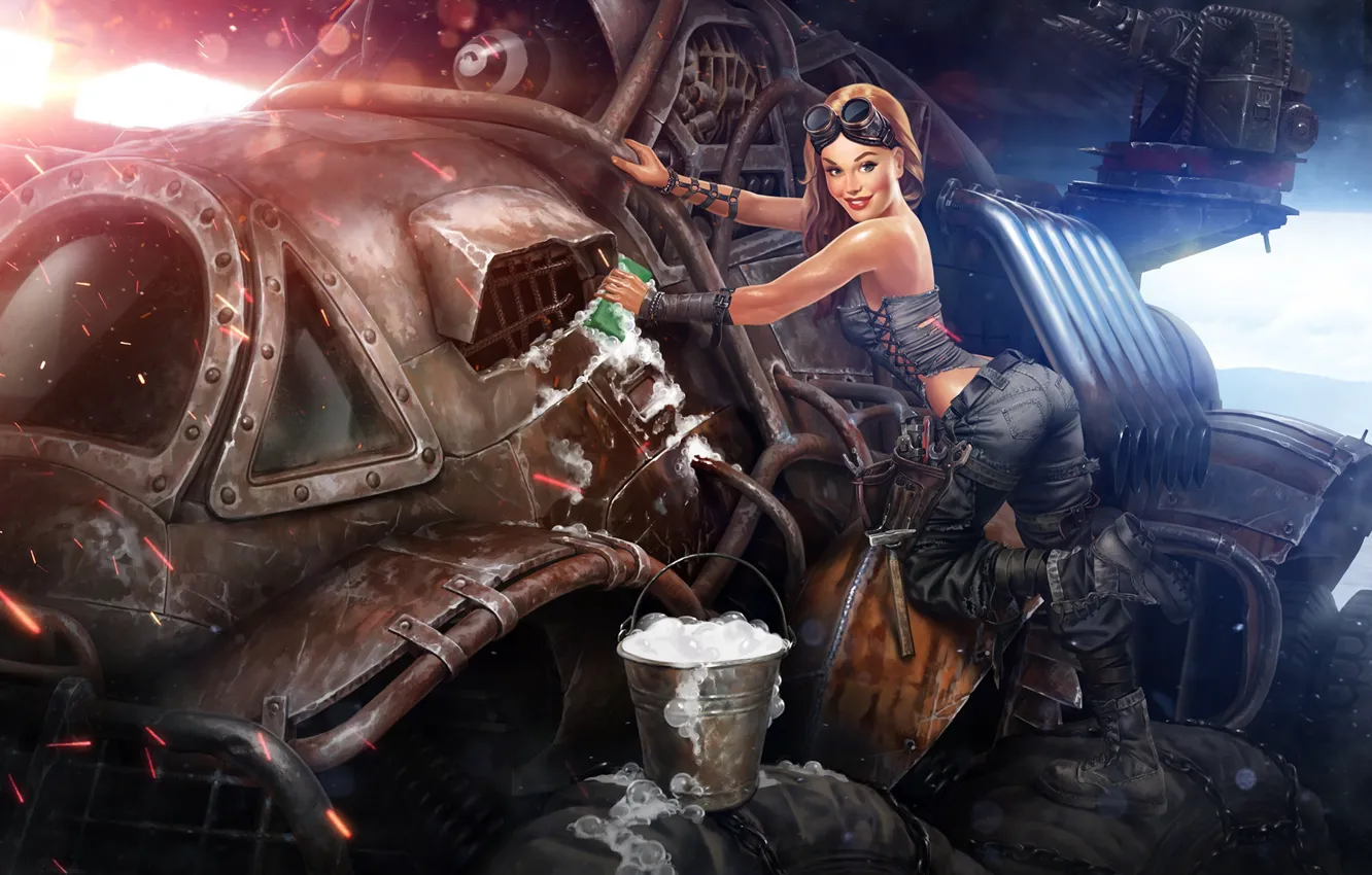 Photo wallpaper machine, foam, girl, the game, art, bucket, pin-up, post apocalypse