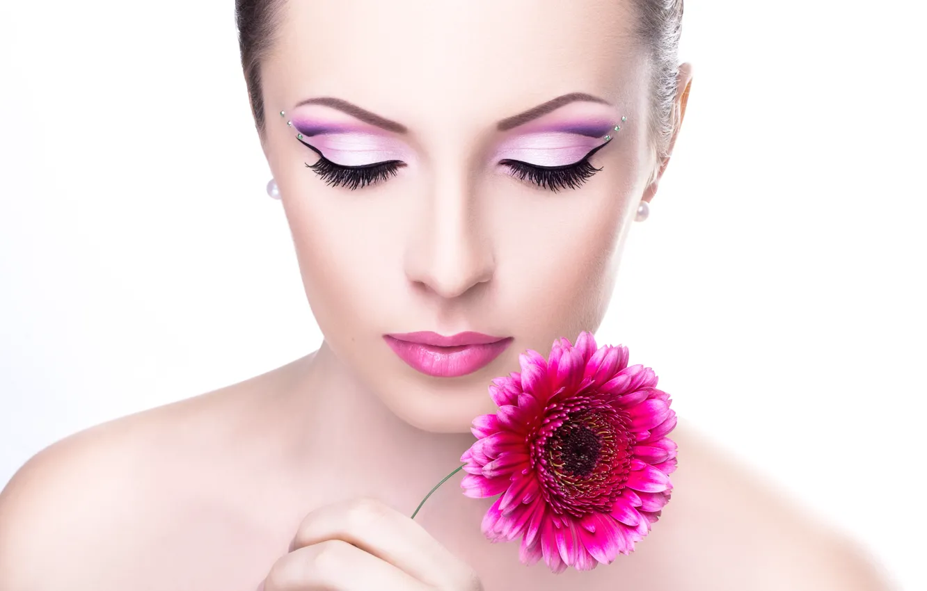 Photo wallpaper girl, flowers, face, eyelashes, background, model, shadow, makeup