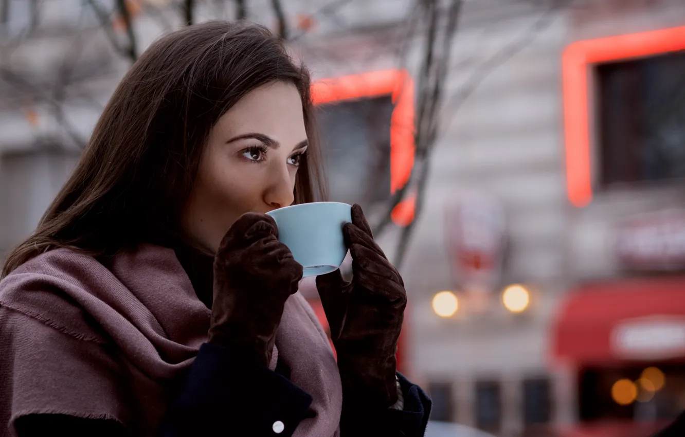 Photo wallpaper girl, life, city, the city, street, coffee, girl, drink