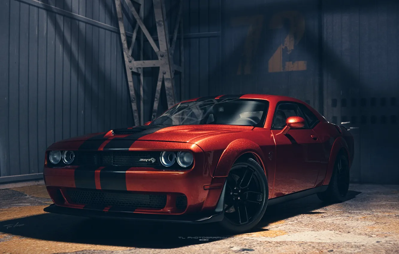 Photo wallpaper Dodge Challenger, muscle car, Hellcat, Dodge Challenger SRT Hellcat