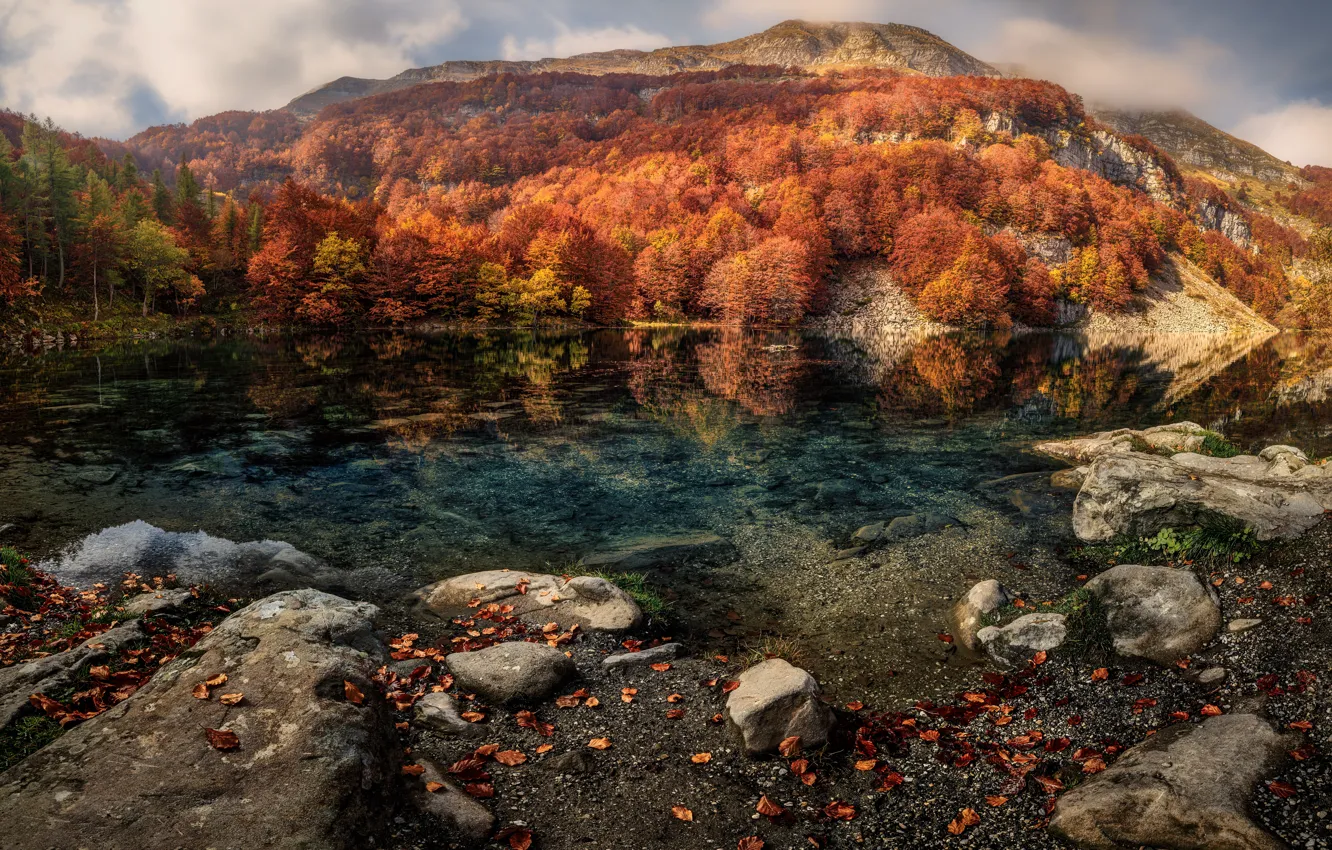 Photo wallpaper autumn, forest, mountains, lake, stones, pond