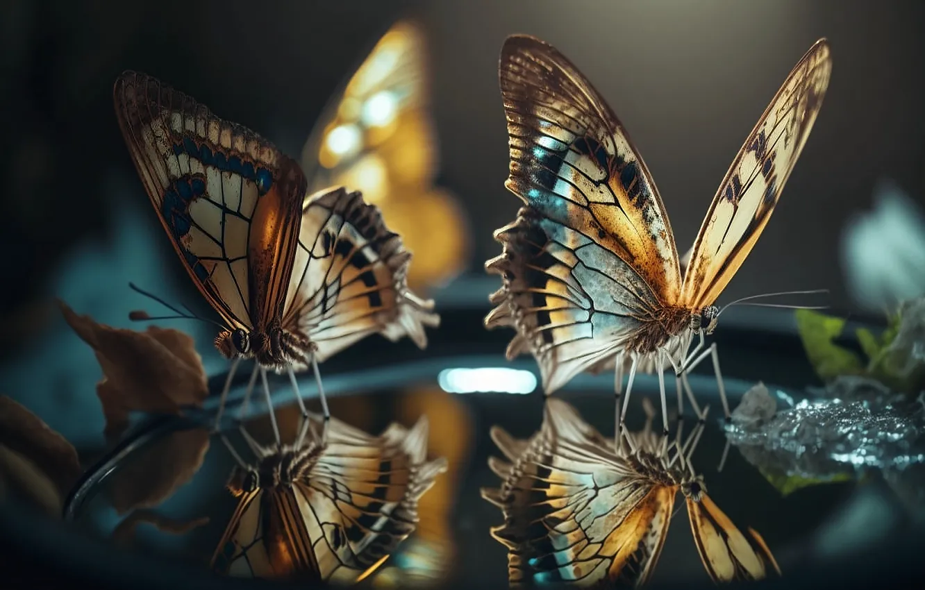 Photo wallpaper reflection, table, butterfly, digital art, AI art, The Art of Artificial Intelligence, neural network