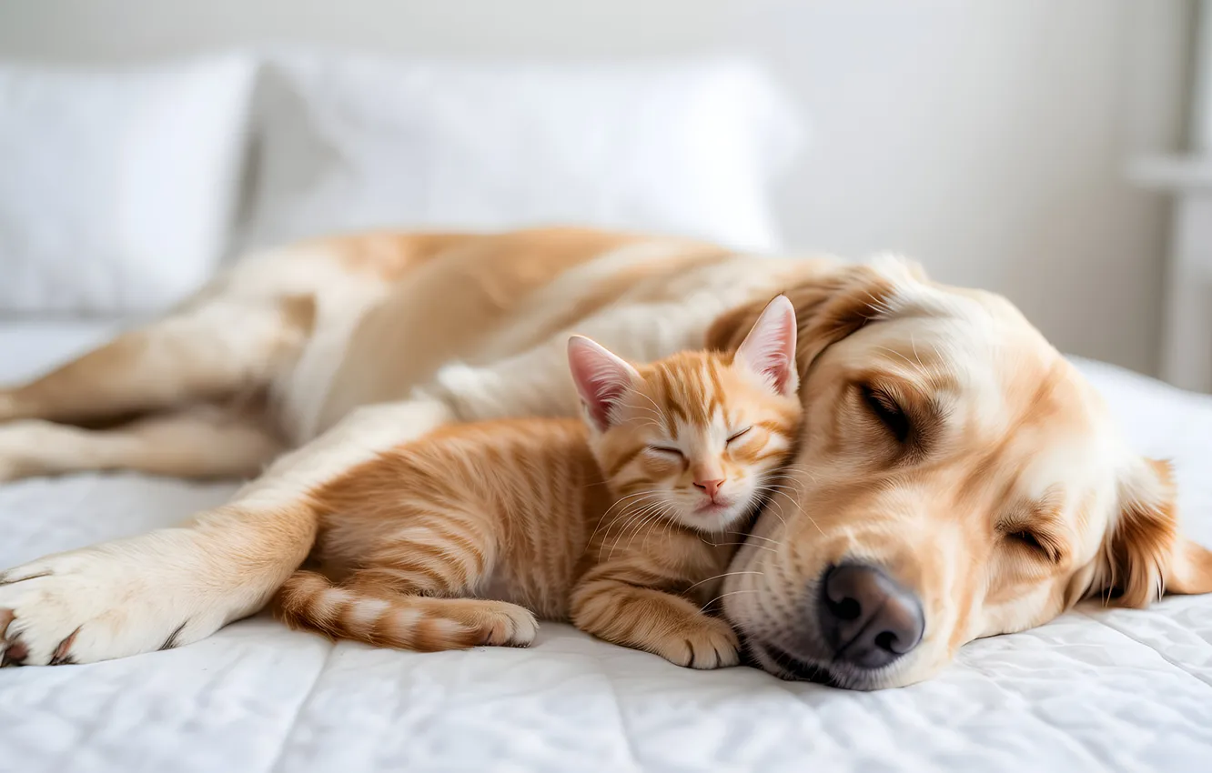 Photo wallpaper cat, cat, look, pose, each, dog, sleeping, bed