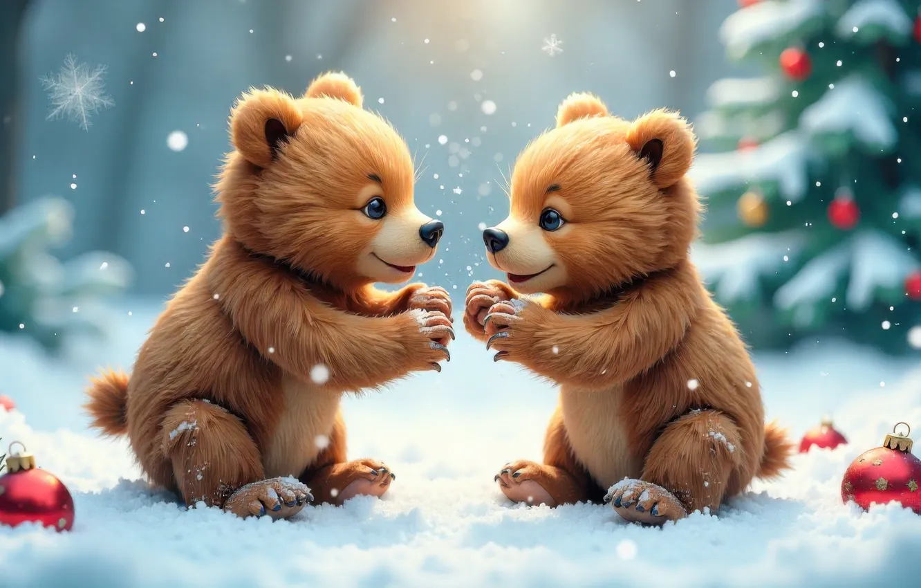 Photo wallpaper winter, forest, balls, snow, snowflakes, glade, the game, new year