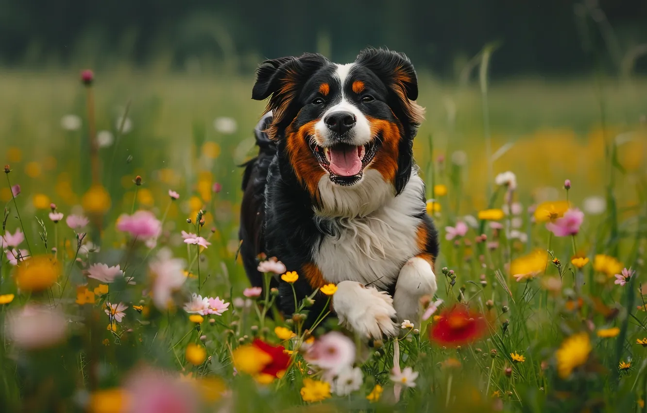 Photo wallpaper field, language, summer, look, flowers, Maki, chamomile, dog