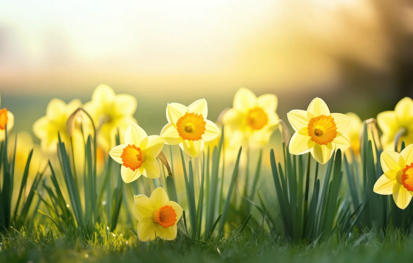 Photo wallpaper flowers, AI art, nature, spring, daffodils, neural network