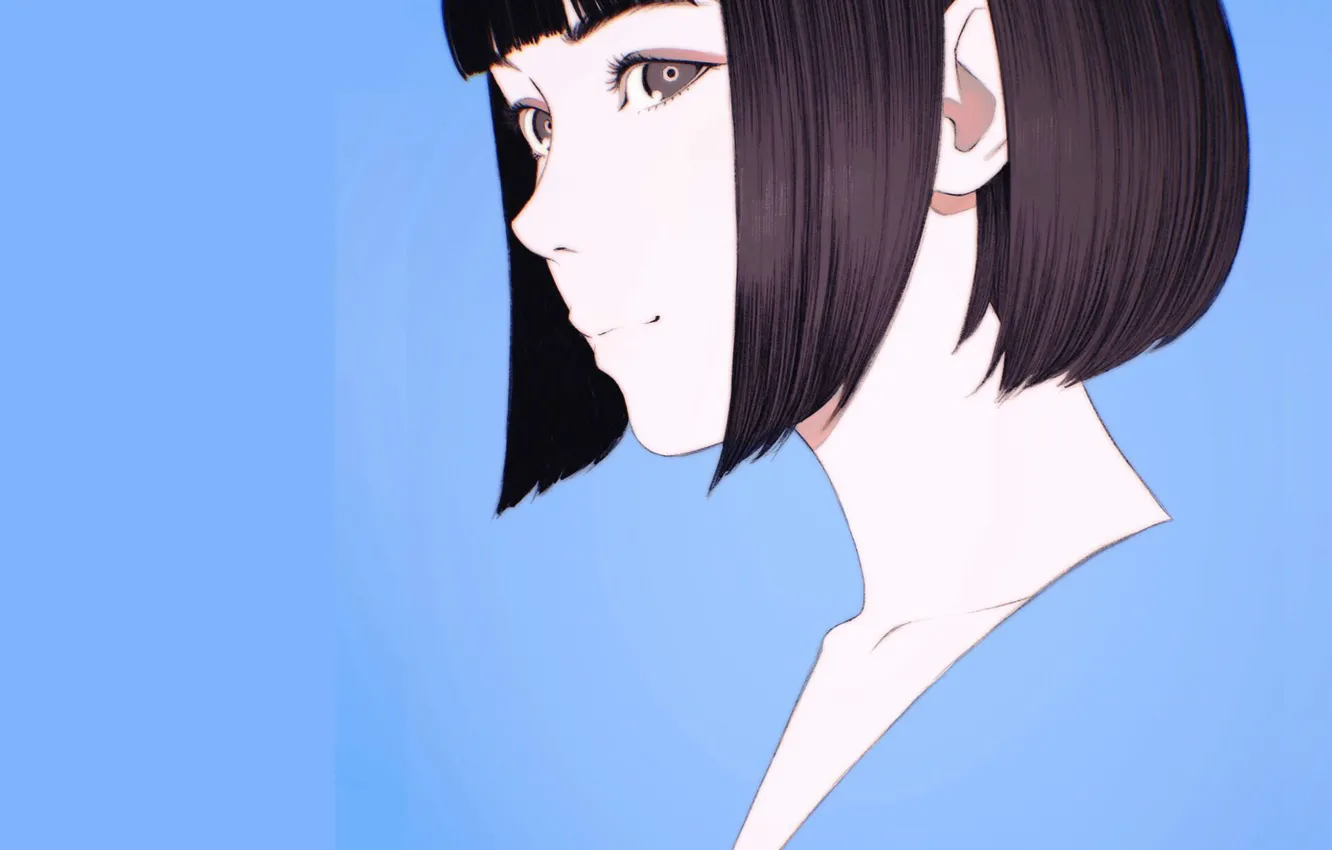 Photo wallpaper face, haircut, blue background, bangs, portrait of a girl, Ilya Kuvshinov