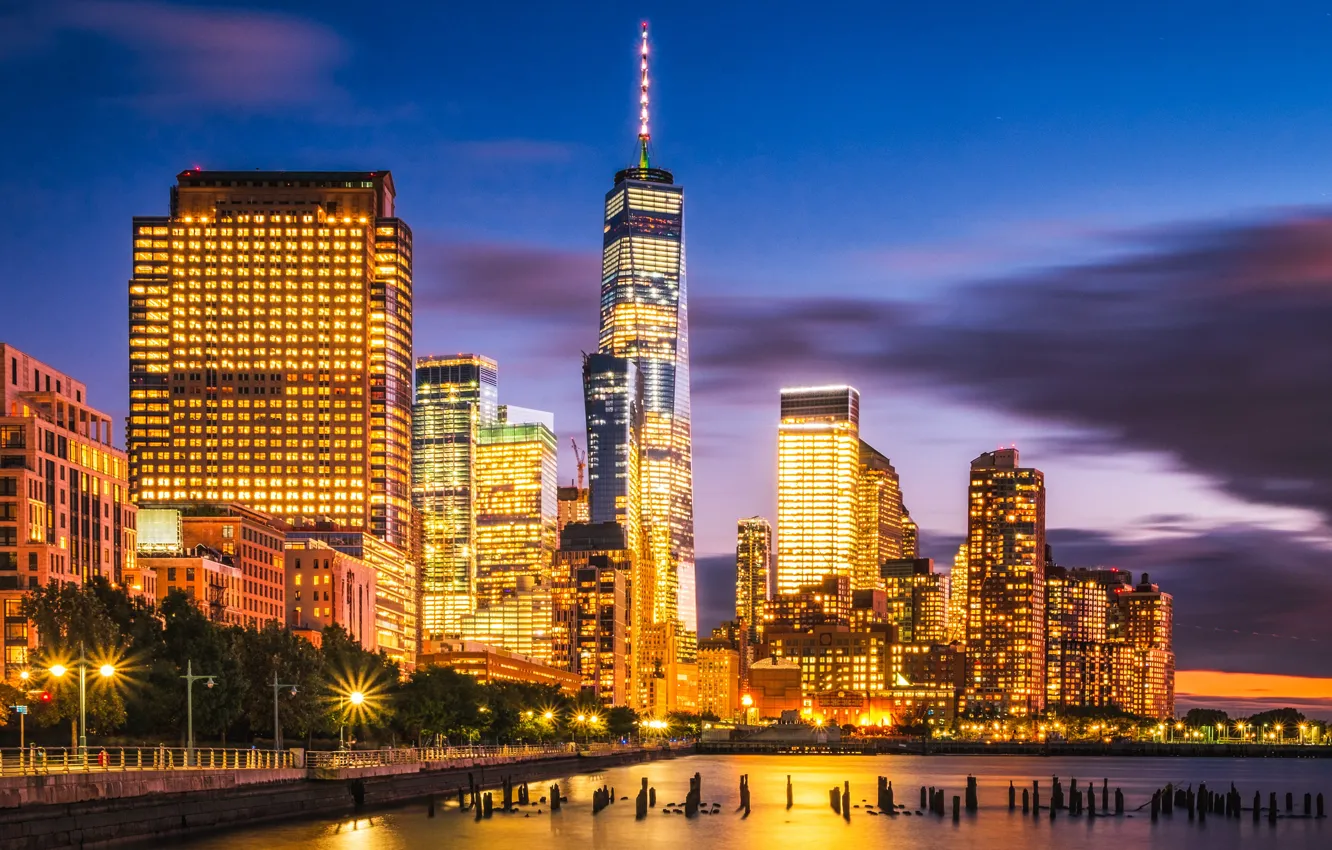 Photo wallpaper night, the city, lights, street, view, building, tower, New York