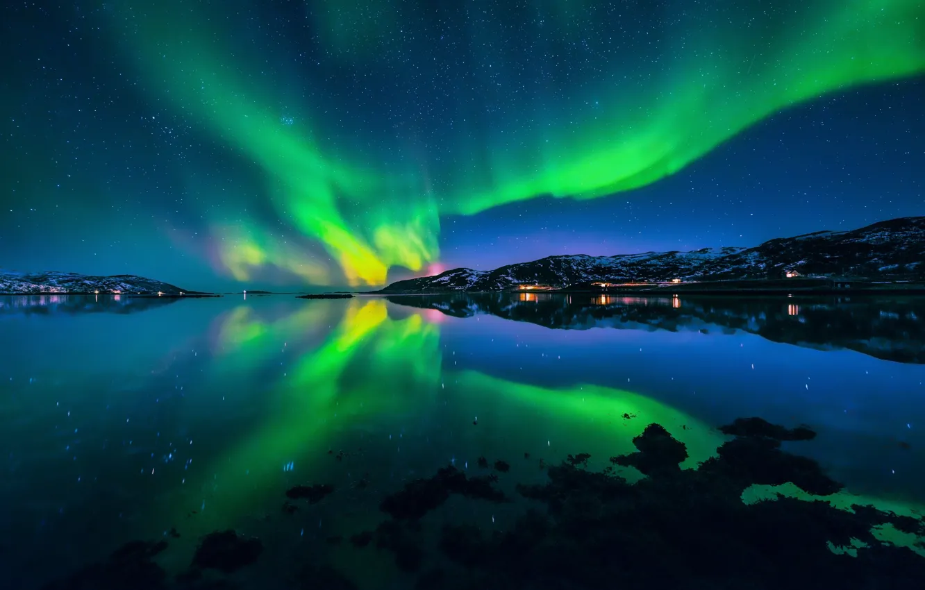 Photo wallpaper the sky, stars, light, reflection, mountains, night, Northern lights, the village