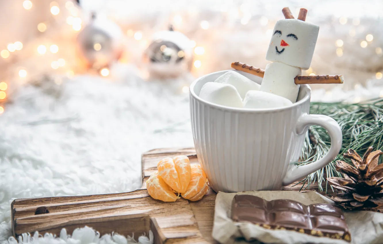 Photo wallpaper balls, light, smile, new year, chocolate, Christmas, candy, Cup
