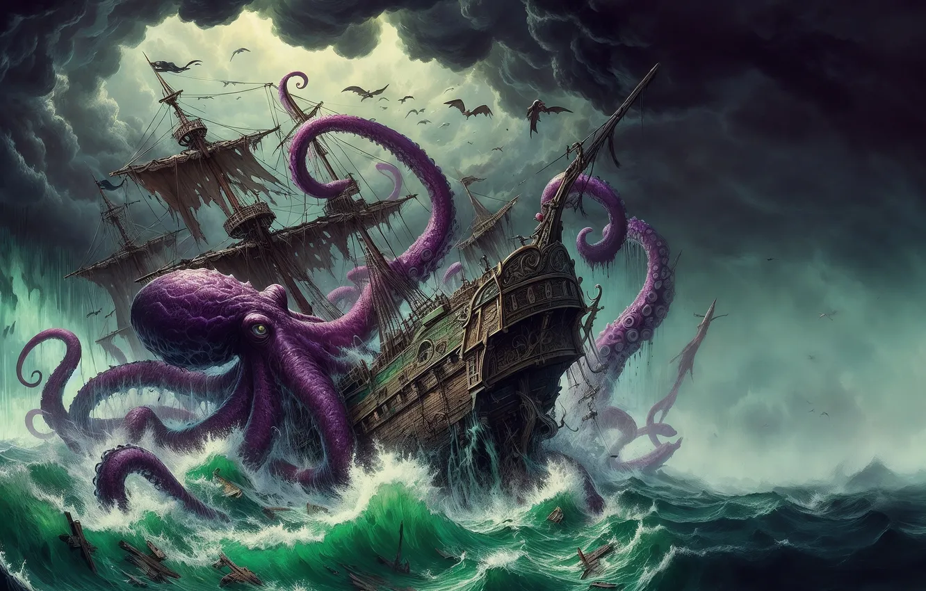 Photo wallpaper clouds, storm, the ocean, ship, octopus, octopus