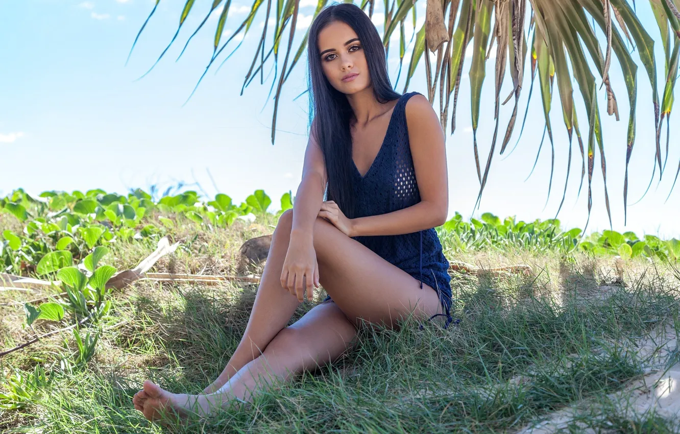 Photo wallpaper greens, summer, the sky, the sun, nature, makeup, dress, brunette