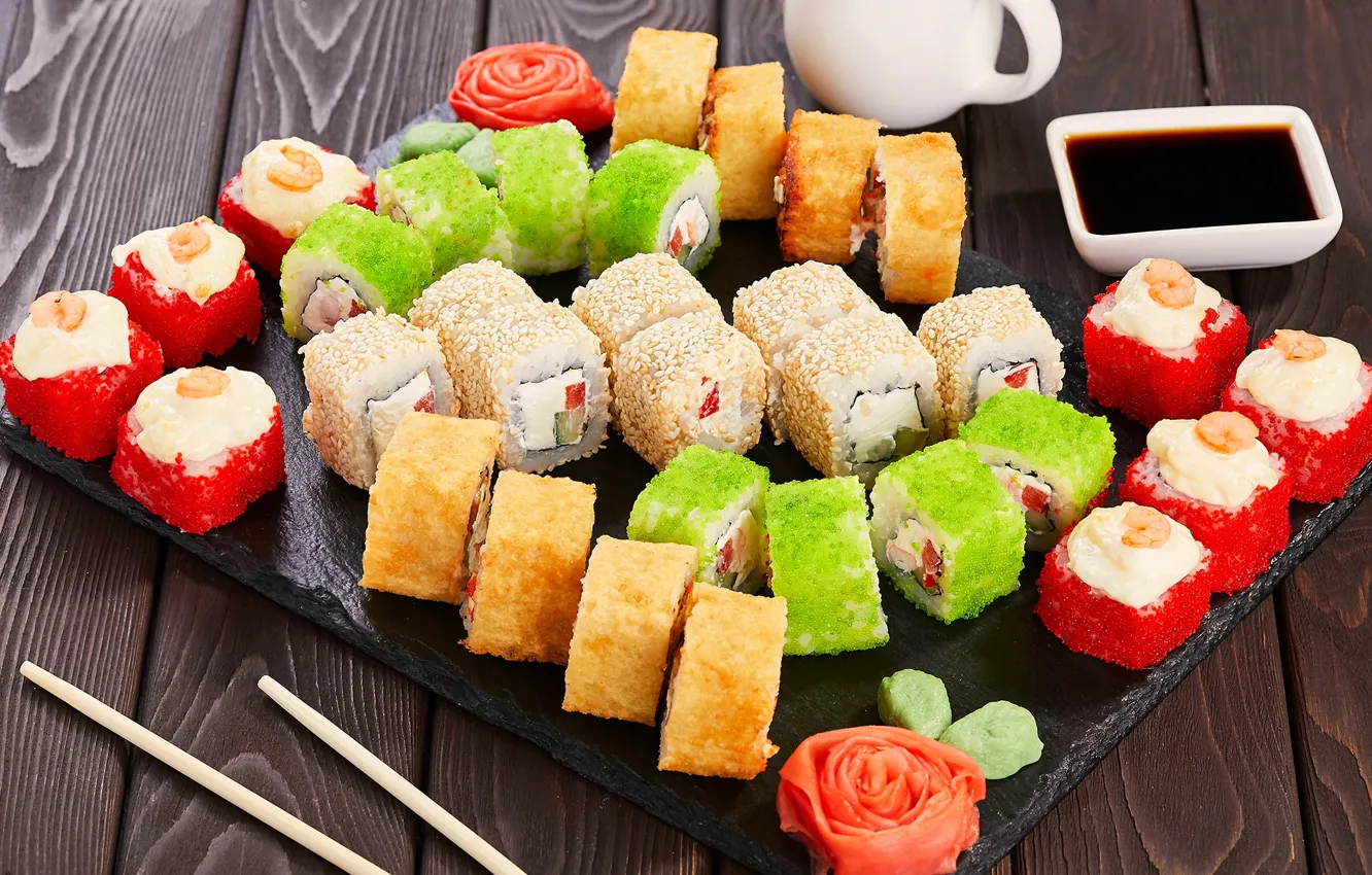 Photo wallpaper sauce, sushi, rolls