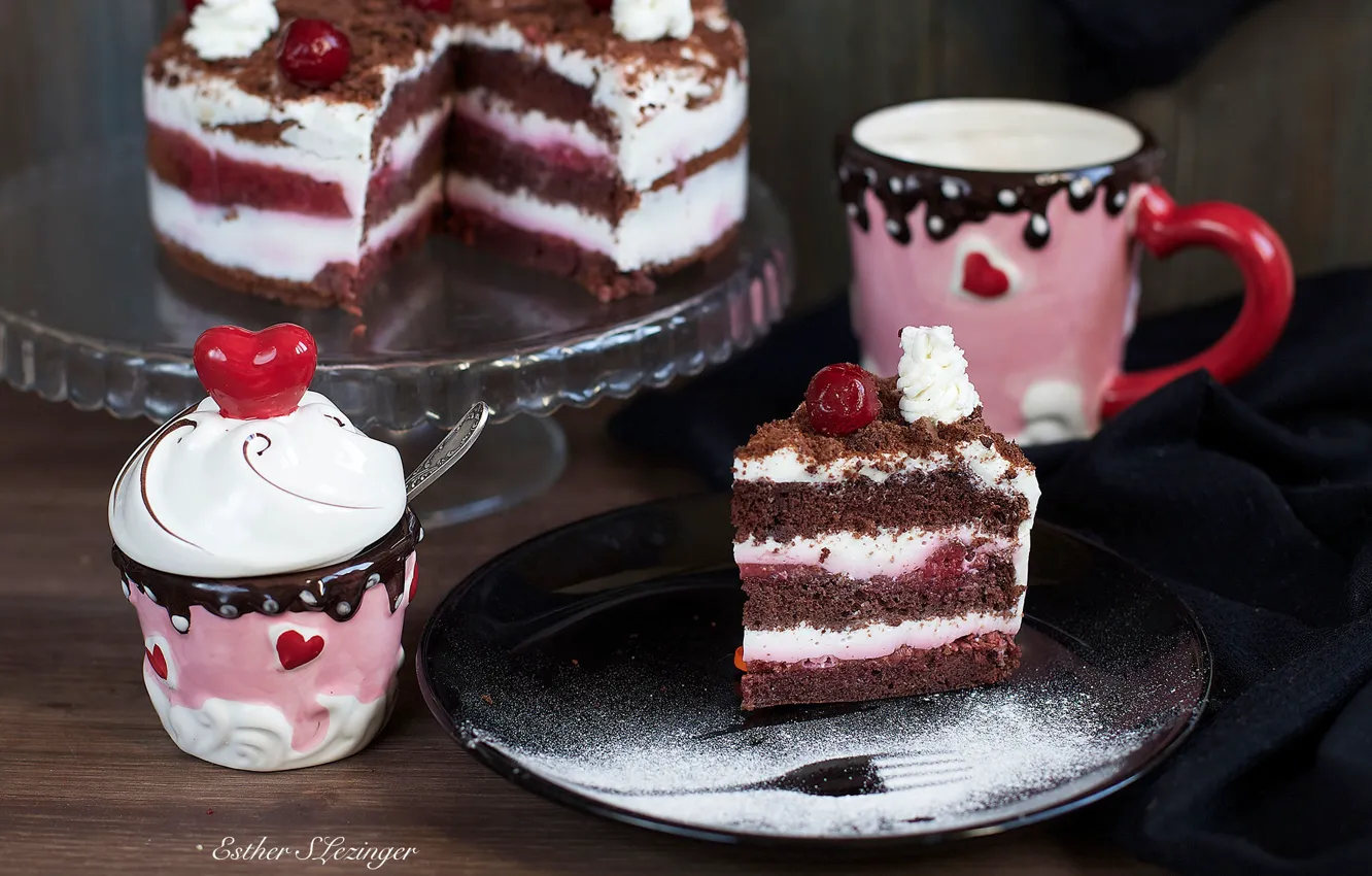 Photo wallpaper cherry, Cup, cake, dessert