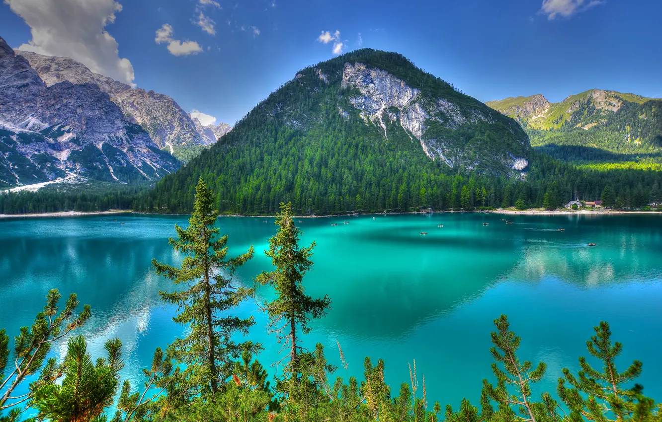 Photo wallpaper trees, mountains, lake, Italy, Italy, The Dolomites, Dolomites, Trentino