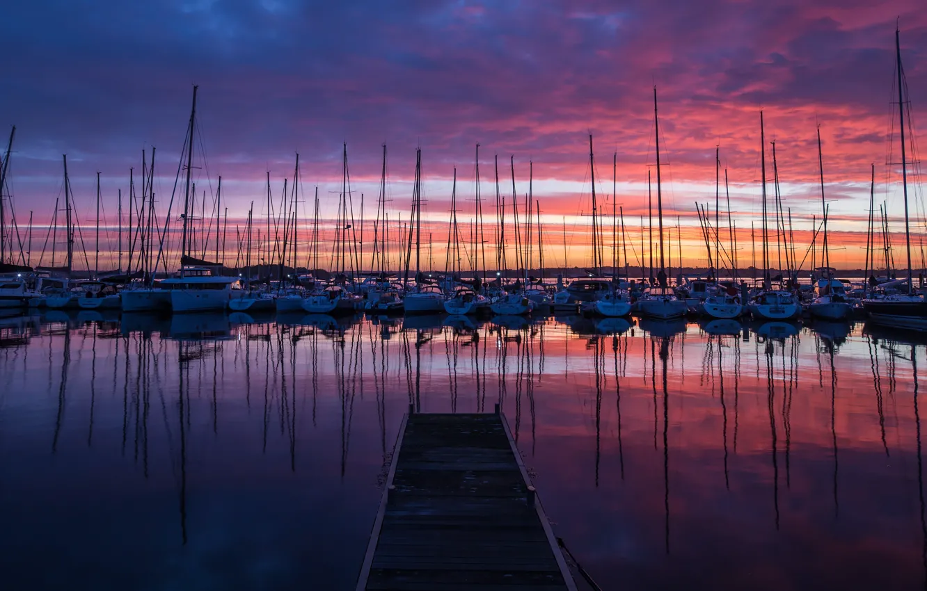 Photo wallpaper the sky, clouds, sunset, reflection, boats, the evening, pier, pierce