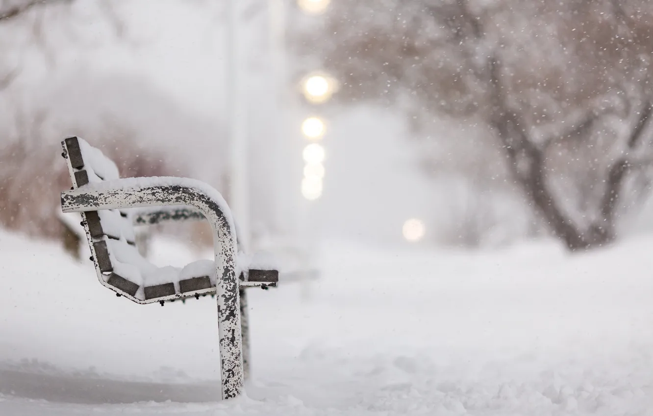 Photo wallpaper winter, snow, street, bench