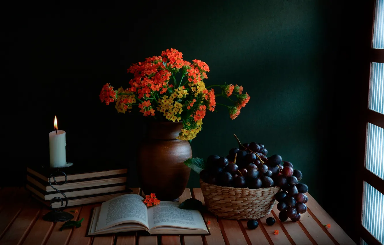 Photo wallpaper books, candle, bouquet, grapes, still life, A guiding light
