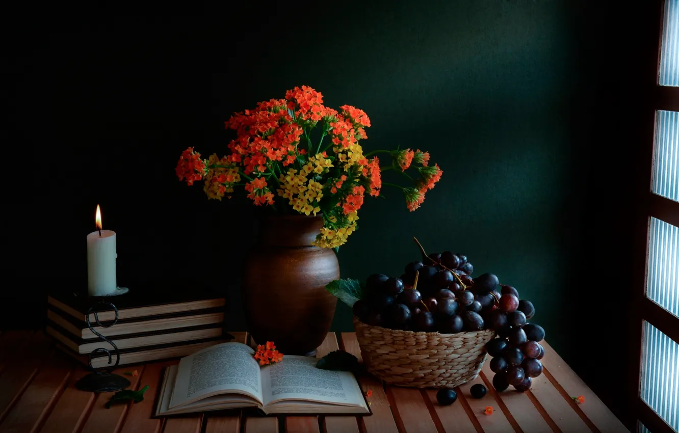 Photo wallpaper bouquet, candles, grapes, book, still life, A guiding light