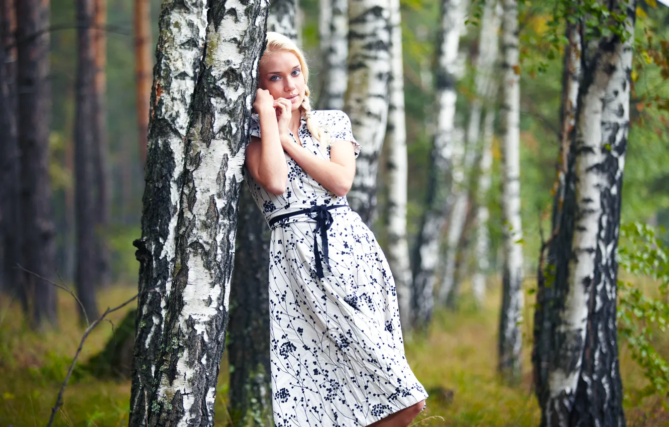 Photo wallpaper Girl, Tree, Forest, Blonde, Model, Beauty, Beautiful, Standing