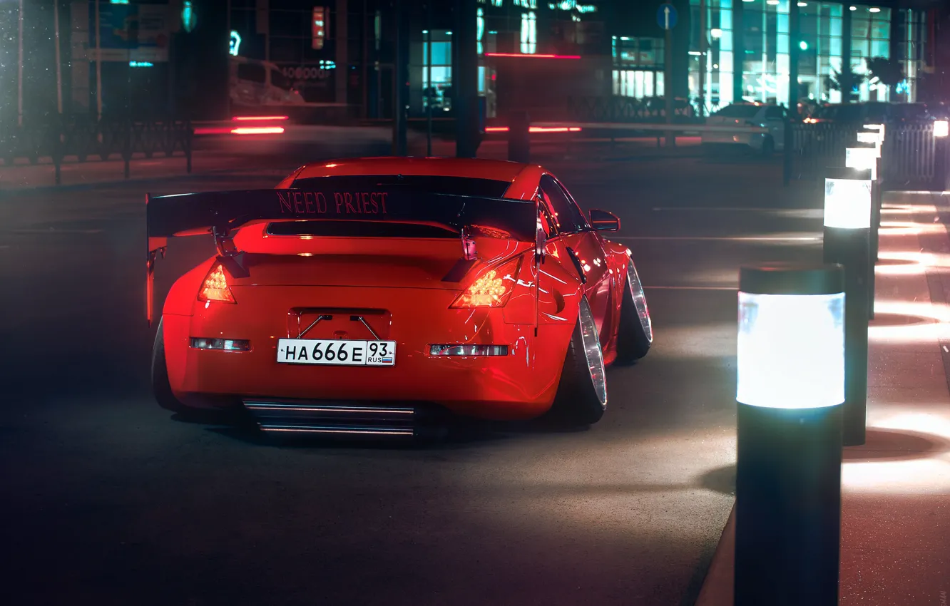 Photo wallpaper Red, Auto, Night, Machine, Tuning, Nissan, Red, Nissan 350Z