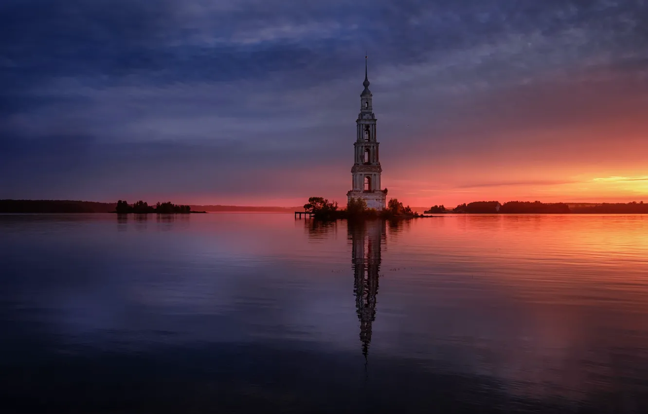 Photo wallpaper landscape, sunset, nature, the city, river, the evening, Volga, the bell tower