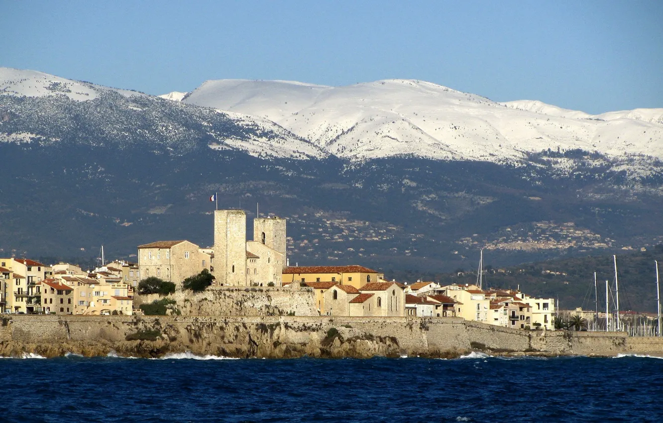 Photo wallpaper sea, landscape, mountains, France, tower, home, Antibes