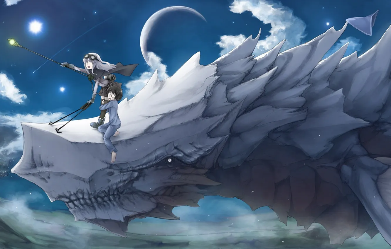 Photo wallpaper girl, flight, the city, the moon, dragon, anime, art, guy