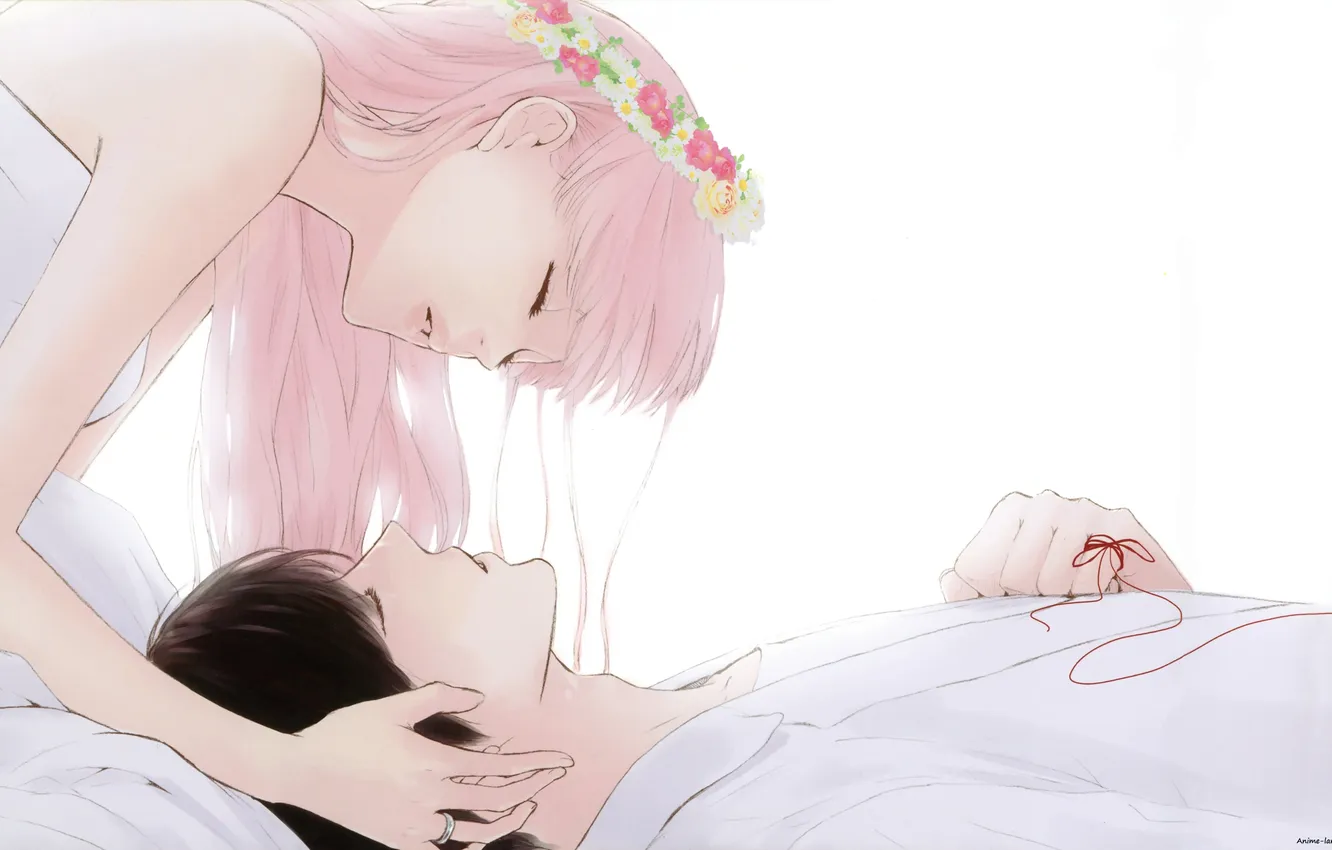 Photo wallpaper girl, ring, guy, wreath, of flowers