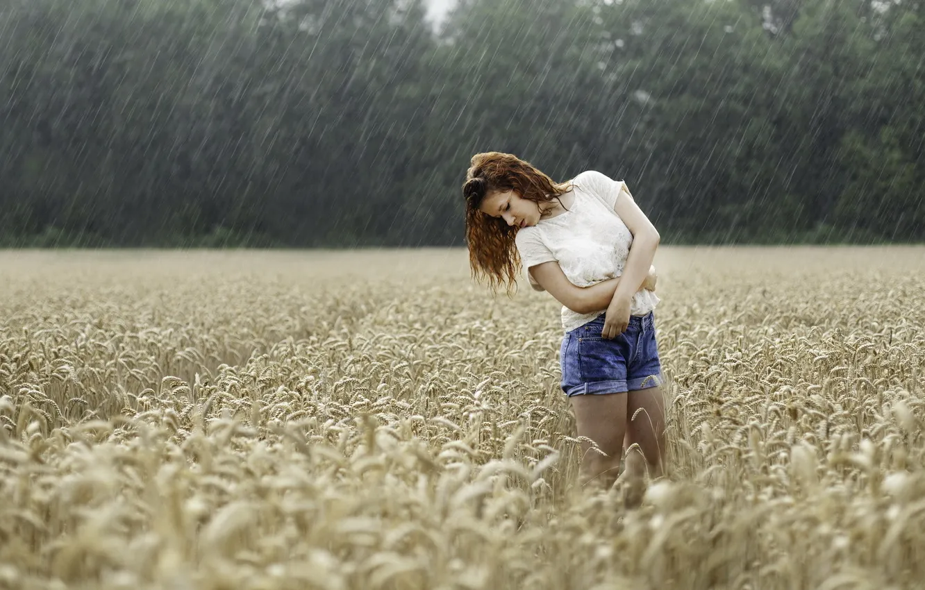 Photo wallpaper field, girl, rain