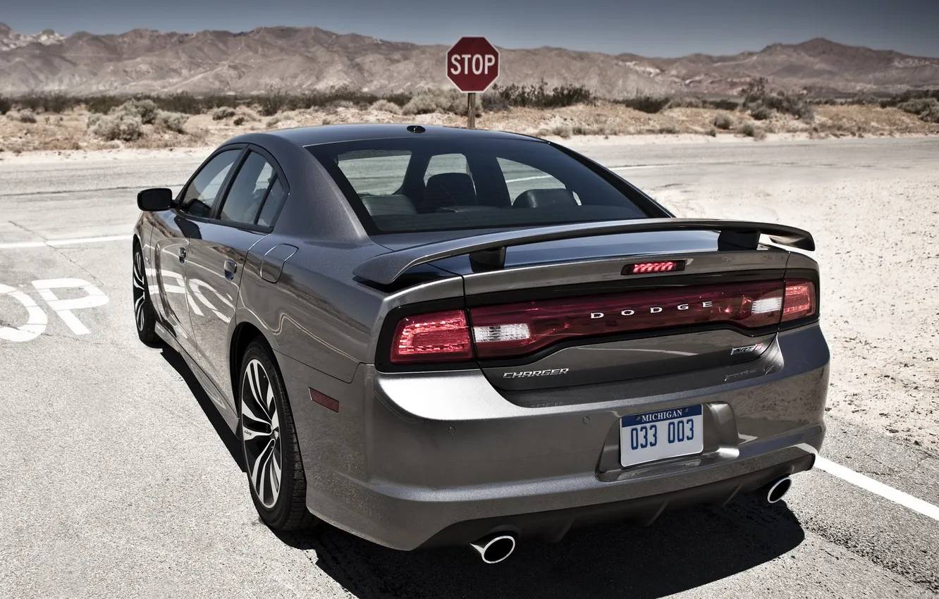 Photo wallpaper road, mountains, sign, crossroads, Dodge, SRT8, spoiler, muscle car