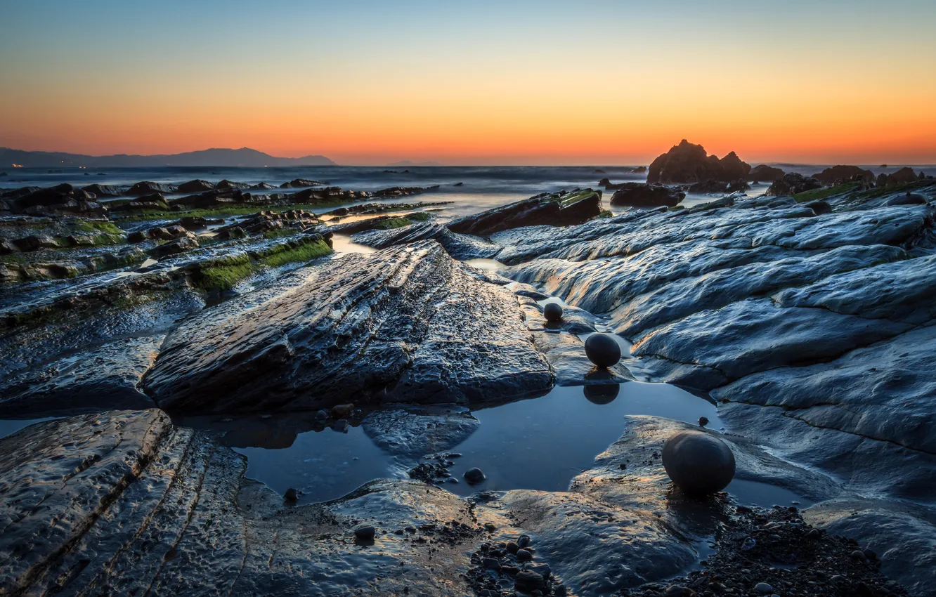 Photo wallpaper sea, the sky, algae, sunset, mountains, rocks, tide