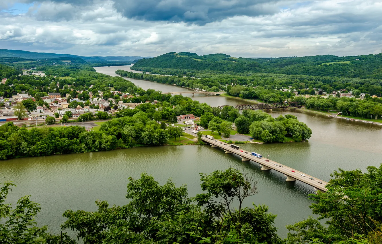 Photo wallpaper bridge, river, panorama, PA, Pennsylvania, Northumberland, Northumberland, the Susquehanna river