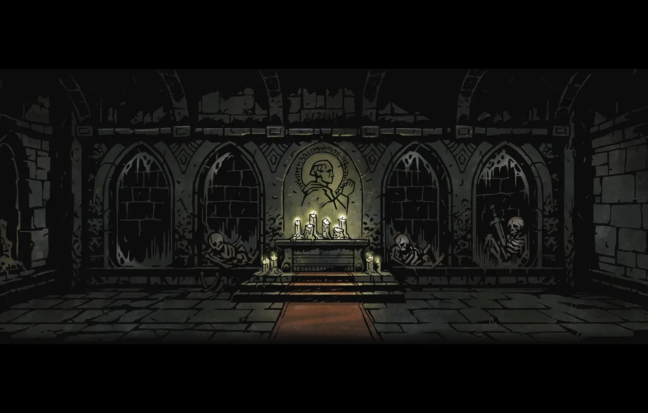Photo wallpaper ruins, death, candles, swords, Altar, Darkest Dungeon