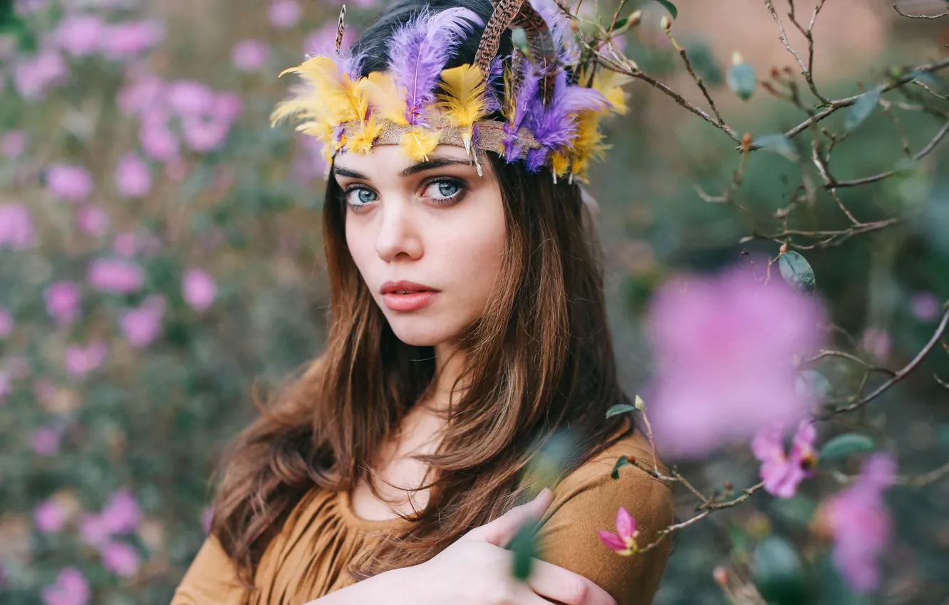 Photo wallpaper look, girl, flowers, branches, nature, feathers, brown hair